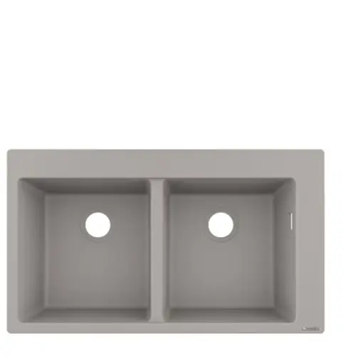 Einbauspüle in Betongrau mit zwei Becken und Löchern für Armaturen, markiert mit dem Logo von Hansgrohe.